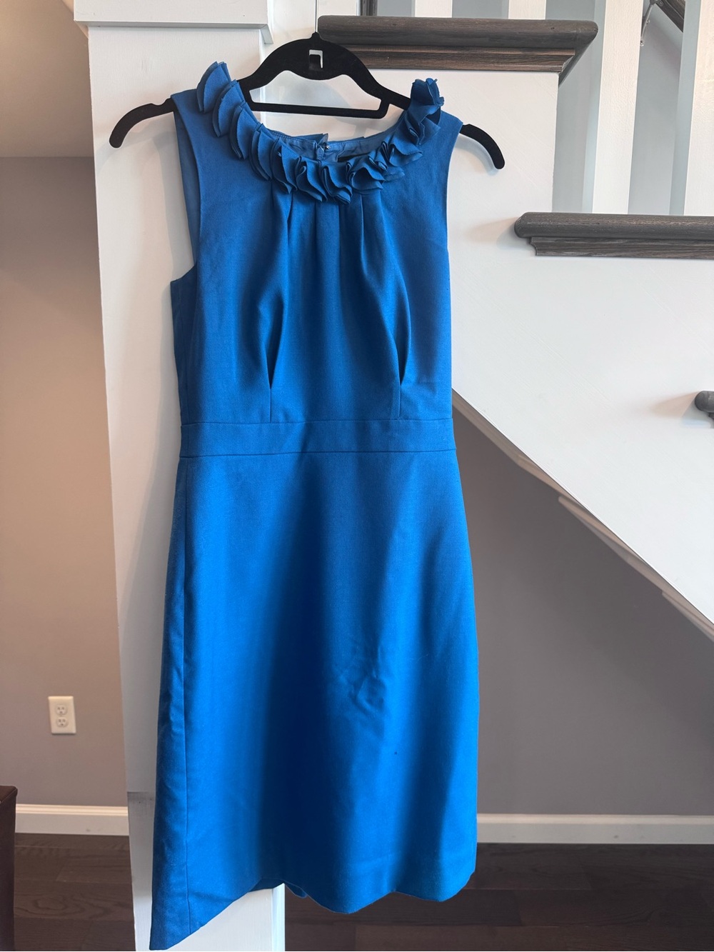 J. Crew Bright Blue Sleeveless Ruffled Collar Sheath Dress